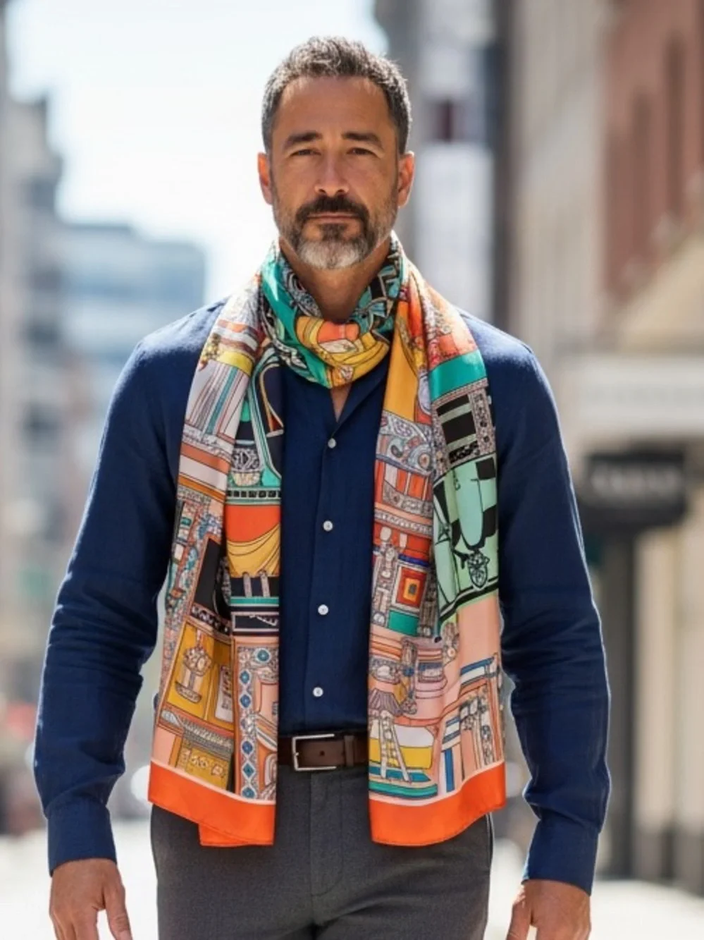 Luxury 100% silk long scarf, wrap Multicolor Patterned horse-carriage new